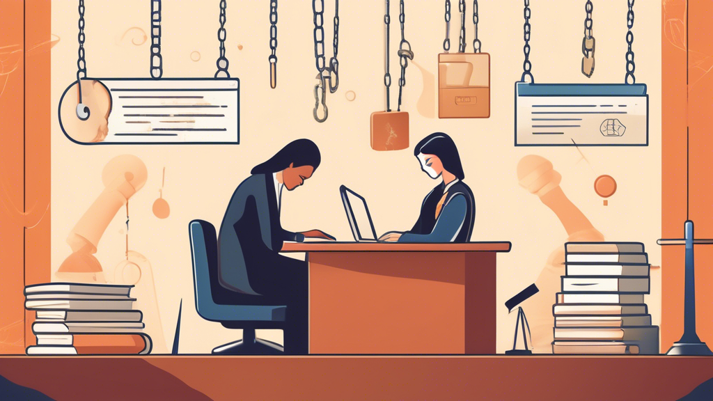 Prompt: Create an image that depicts the legal and ethical considerations of accessing websites blocked by an administrator. The scene should include a scale balancing on one side a computer with a padlock symbol representing restricted access, and on the other side, a book symbolizing law and ethics. In the background, there are faint outlines of various institutions such as schools and offices, emphasizing the environments where such restrictions are common. The overall tone of the image should convey the importance of making informed and responsible decisions about bypassing digital barriers, with an aura of caution and thoughtfulness.