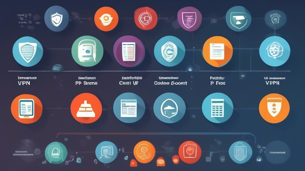 Create an image that visually represents the concept of selecting the best dedicated IP VPN provider. The scene should include elements like a computer screen displaying a comparison chart of different VPN providers, highlighting key features such as price, speed, and customer support. Include icons or symbols for security, performance, and user reviews around the chart. The background should evoke a sense of digital security, perhaps with a lock symbol and virtual network lines. Use a modern and informative design style to suggest a tech-savvy atmosphere.