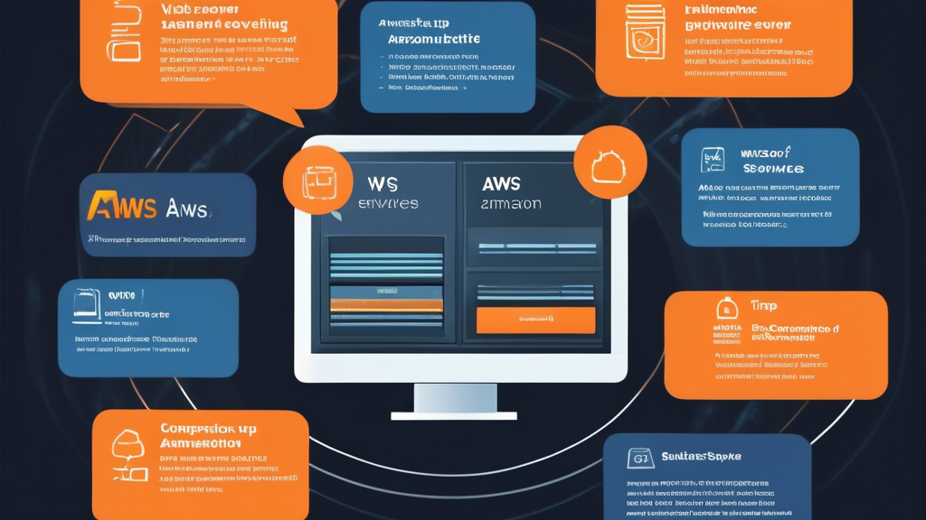 Create an informative and visually engaging illustration that depicts a step-by-step process for setting up an AWS VPS (Amazon Web Services Virtual Private Server). The image should include elements such as a computer screen displaying the AWS dashboard, a checklist of prerequisites for creating an AWS VPS, and icons representing configuration settings, performance optimization tips, and security measures. Use vibrant colors and modern design to convey a sense of technology and cloud computing.