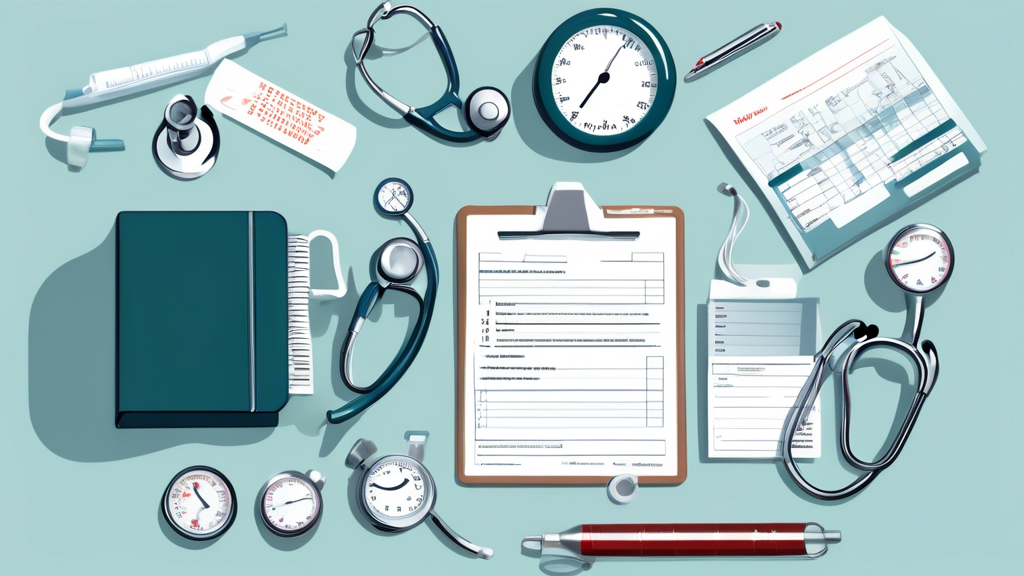 Create an image of a well-organized workspace, set up for a commercial license medical exam preparation. The scene includes a detailed checklist on a clipboard, showing documents such as personal identification, medical history forms, and insurance details. Surrounding the checklist are illustrations of common medical equipment like a stethoscope, eye chart, and blood pressure monitor. Include calming elements such as a plant and a cup of herbal tea to depict the importance of being mentally and physically prepared for the exam. The atmosphere is orderly and calm, with a soft lamp providing warm lighting, symbolizing a stress-free preparation process.