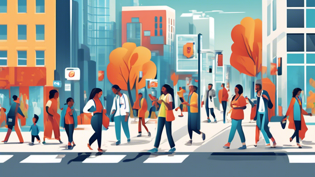 Create an urban street scene illustration featuring a diverse group of people walking along a vibrant city block. Prominently display various clinic signboards, each with clear, eye-catching text: Non CDL DOT Physicals Here! Incorporate modern technology elements like people using smartphones and tablets, seemingly searching or navigating their way to one of the clinics. Include subtle details such as a person engaging in a conversation, seemingly giving a word-of-mouth recommendation, and digital street signs showing online reviews or ratings for local DOT physical providers. The atmosphere should be bustling and inviting, with a focus on guidance, community, and accessibility in locating nearby Non CDL DOT physical exam providers.