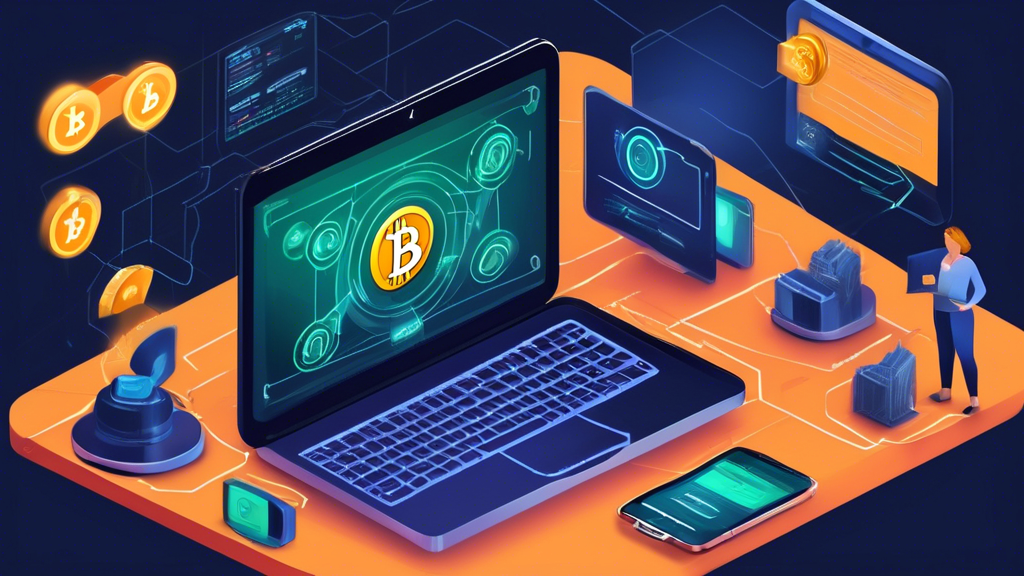 Prompt: An instructional digital illustration showing a laptop screen displaying an online cryptocurrency exchange platform interface, highlighting the steps for buying cryptocurrencies without ID. The screen should show options like create account, choose payment method, and select cryptocurrency. Surrounding the laptop, include symbolic elements such as a shield representing security and a lock to indicate privacy, as well as visual hints of digital wallets for storage. The atmosphere should convey a sense of trustworthiness and safety in managing crypto transactions without identity verification.