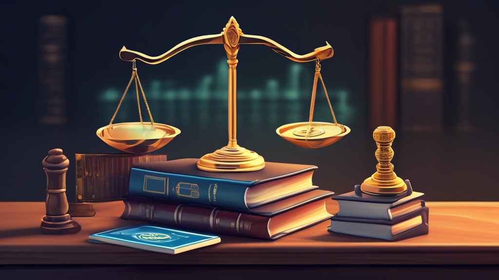 Create an image that visually represents the complex landscape of buying cryptocurrencies without identification, focusing on the legal and security consequences. The scene should depict a digital scale balancing two sides: one side showing law books and a gavel, symbolizing legal implications, and the other side with a shield and question mark, representing security concerns of anonymous transactions. In the background, incorporate subtle elements of global landmarks, hinting at international jurisdictional differences. The style should be modern and sophisticated, with a color palette of deep blues and silvers, reflecting the serious nature of the topic.