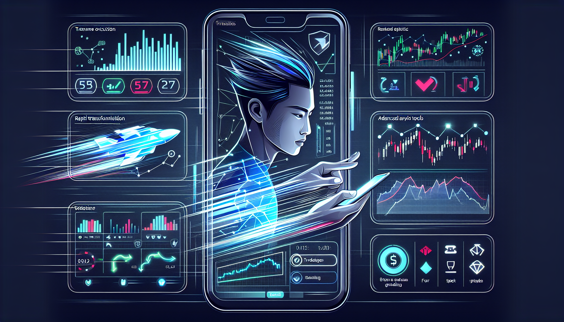 Create an image that showcases the key advantages of the Bitget App for traders. Visualize a sleek digital interface displaying a trader