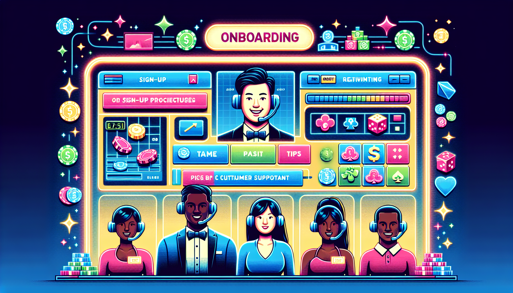 Create an image that depicts a vibrant and engaging onboarding experience for new users at Mr Q Casino. The scene should include a digital interface with a step-by-step guide on how to sign up and navigate the platform, showcasing a variety of casino games and bonuses. Include visual elements that suggest tips and strategies for maximizing bonuses, such as icons of dice, chips, and playing cards. In the background, incorporate friendly customer support representatives with headsets, ready to assist players, emphasizing accessibility and support for both novice and experienced gamers. The overall tone should be inviting, colorful, and user-friendly.