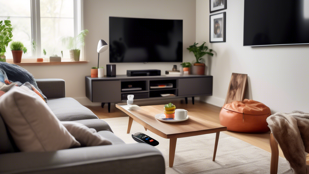 Create an image of a cozy living room setup, featuring a modern flat-screen TV displaying vibrant free live TV content. Include a user-friendly remote control and a laptop on a coffee table streaming the same content. Add a smartphone on the side, showing an intuitive interface for accessing the live TV app. Include visual cues or icons indicating tips for improving streaming quality, such as a signal booster or a Wi-Fi icon. The scene should convey an atmosphere of effortless integration of free live TV with a variety of devices, highlighting an enhanced viewing experience in a German home.