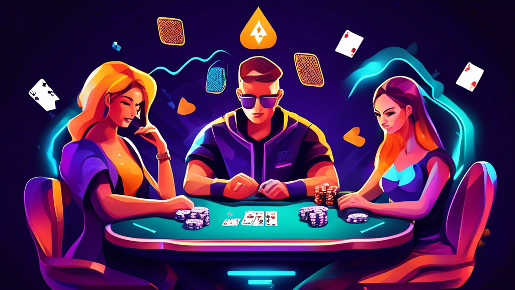 Create an illustration that showcases a vibrant and energetic online poker scene featuring a variety of popular crypto poker games in 2023. Include diverse players engaged in gameplay on sleek digital devices, with cryptocurrency symbols like Bitcoin and Ethereum subtly integrated into the design. Highlight distinct features of each game, such as virtual tables, unique avatars, and animated graphics, while comparing this high-tech environment to a traditional poker setting. Emphasize the exciting fusion of technology and gaming, capturing the essence of modern crypto poker.