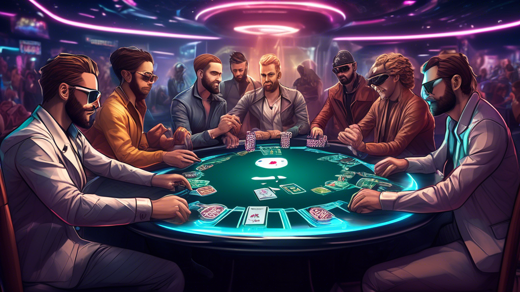 Create an image that visually represents the future of crypto poker games. The scene should include futuristic poker tables infused with blockchain technology, with holographic displays showcasing player stats and cryptocurrency symbols. Illustrate players from diverse backgrounds engaged in gameplay, using digital devices to place bets. In the background, incorporate elements like virtual reality settings and augmented reality overlays to reflect trends and innovations in the crypto gaming industry. The overall atmosphere should convey excitement and a glimpse into the evolution of poker within the crypto space.