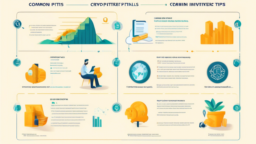 Create an educational infographic titled Common Pitfalls and Tips for New Crypto Investors. The image should feature visual representations of essential advice for beginners, such as avoiding scams with a warning symbol, icons of various resources and tools for staying informed (like books and websites), and a graphic symbolizing a long-term investment mindset, such as a growing plant or a graph trending upwards. Use a color palette that conveys reliability and security, like blues and greens, and include the phrase Investing in Cryptocurrency for Beginners prominently at the top.