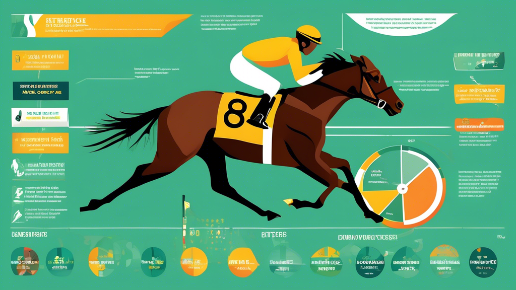 Create an informative infographic that visually represents effective betting strategies for sportsbet horses. Include elements such as a chart showcasing how to analyze form guides and horse performance statistics, icons illustrating the impact of track conditions and race day factors, and tips on bankroll management techniques for optimizing betting success. Use a color scheme that reflects the excitement of horse racing, incorporating images of racehorses, betting slips, and racetracks to enhance the visual appeal.