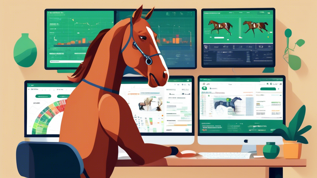Create an illustration showcasing a person sitting at a desk with multiple screens displaying online platforms and apps related to Sportsbet horses. Include elements like statistics, race schedules, and expert tips. Surround the desk with books and resources about horse racing and betting strategies. In the background, depict a digital dashboard with predictive analytics charts and a community forum discussing insights. Emphasize a modern, tech-savvy atmosphere that highlights the importance of technological tools in making informed betting decisions.
