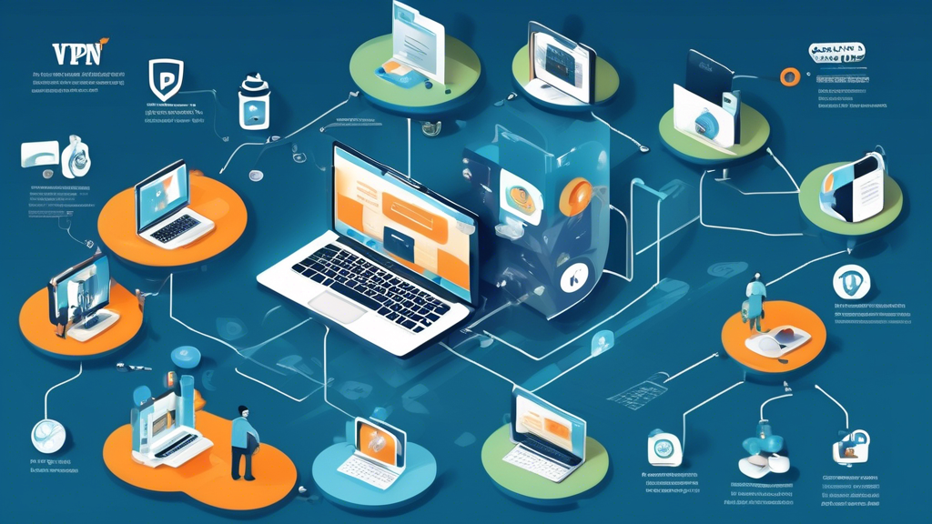 Create a detailed and visually engaging infographic that illustrates a step-by-step guide on using a VPN to access blocked sites for free. The image should show each step with corresponding icons or small illustrations, such as downloading and installing a VPN app, selecting a server, and connecting to securely access blocked content. Include elements that represent troubleshooting tips, such as a friendly character helping a confused user or symbols indicating solutions. Depict various online security icons like shields or locks to emphasize best practices for maintaining online privacy and security while using free VPN services. Use a modern and clean design, with a mix of vibrant colors to make important information stand out, aimed at a tech-savvy audience seeking to bypass internet restrictions safely and effectively. Keywords: vpn for blocked sites free, online privacy, troubleshooting, secure browsing.
