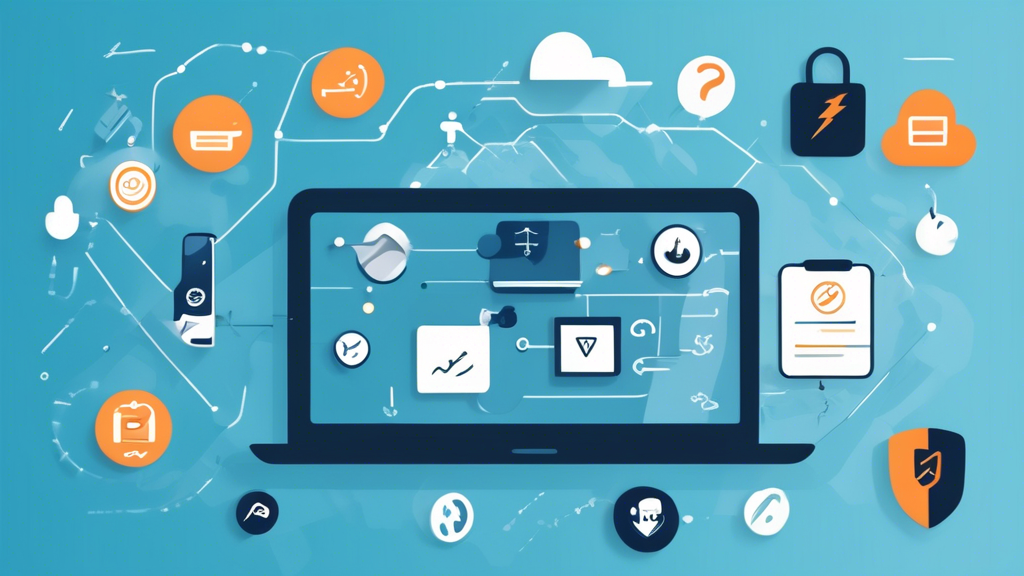 Create an image that visually represents the key features to consider when selecting the best mobile VPN in 2023. The image should include a mobile phone displaying a VPN app interface, surrounded by icons or symbols representing speed (e.g., a lightning bolt), security (e.g., a lock or shield), and compatibility (e.g., various device outlines like a tablet and laptop). The background should be futuristic and tech-themed, emphasizing the importance of online privacy and security. Include subtle elements that indicate different use cases such as streaming and browsing from different geographical locations.