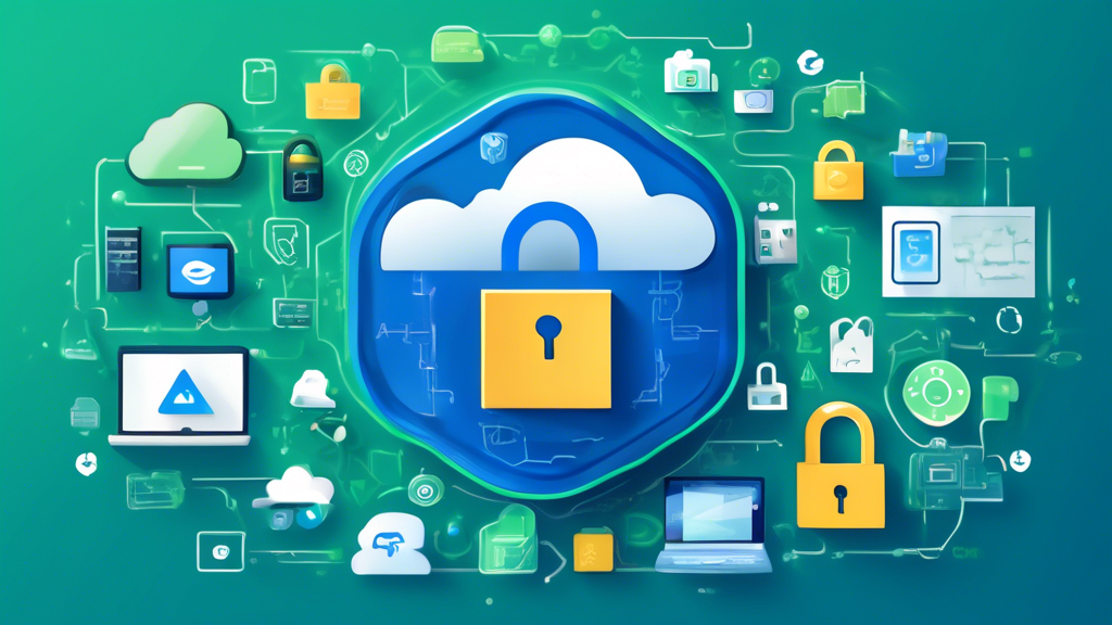 Create an image depicting a digital safe or vault surrounded by various icons representing cloud storage services (like Google Drive, Dropbox, and OneDrive). Include elements that symbolize security and privacy, such as a padlock, a shield, and an encrypted file. The background should be a futuristic tech-inspired environment with a blue and green color scheme to convey a sense of trust and safety. Make it visually engaging, emphasizing the importance of security and privacy when using free storage solutions.