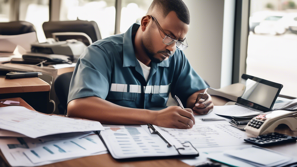 Create an image illustrating a commercial truck driver sitting at a desk, surrounded by various documents and a calculator. The desk has a large calendar with renewal dates circled, a financial plan, and a list titled DOT Medical Card Costs that includes renewals and potential health treatment expenses. The driver is thoughtfully reviewing these materials, contemplating strategies to efficiently budget for maintaining their medical card. The background shows a small stack of bills and a coffee cup to emphasize the real-world concerns of managing these ongoing expenses.