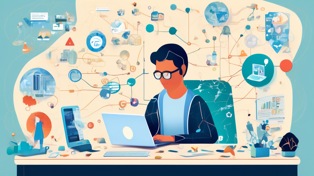 Create an image of a person sitting at a desk, surrounded by a digital landscape representing the internet. On the desk, there is a laptop displaying a map with various pins labeled 40 Dot Physical Exam. The surrounding digital landscape includes icons of online directories, search engines, and government websites. The person is thoughtfully examining their screen, highlighting the process of using digital platforms to locate a local 40 dot physical exam. The overall scene conveys ease and efficiency in navigating online resources to find nearby healthcare services.