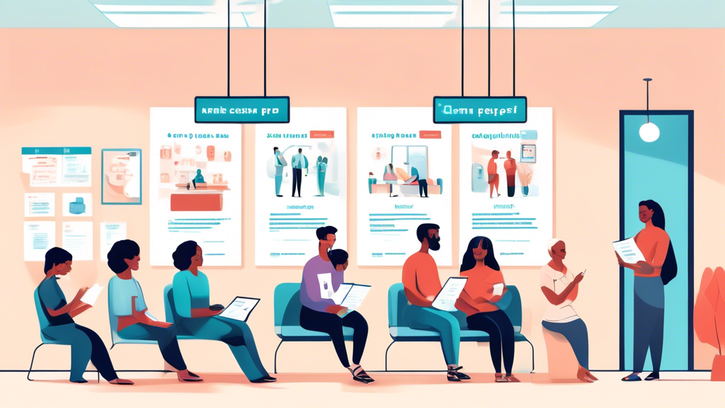Create an illustration depicting a diverse group of people sitting in a modern medical waiting room, each holding a checklist labeled 40 Dot Physical Exam Prep. The room is spacious and well-lit, with informational posters about the exam on the walls. Incorporate elements that convey accessibility and convenience, such as a digital kiosk for appointment registration and a map on the wall with pins marking various local clinics, reflecting the ease of finding a 40 dot physical near me. In the foreground, a friendly receptionist is guiding a patient, symbolizing a welcoming and supportive environment for the exam.