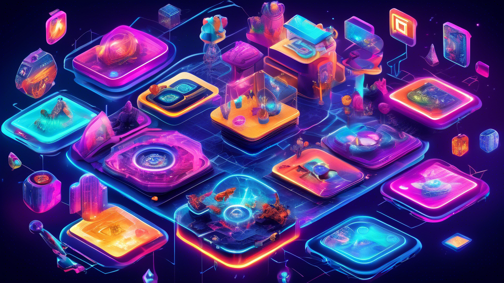 Create an imaginative and futuristic digital artwork featuring a dynamic collage of the top blockchain gaming projects from 2023. Incorporate vibrant visuals representing various unique gameplay mechanics and innovative features. Include elements like augmented reality landscapes, blockchain networks interwoven with gaming icons, and digital collectibles like NFTs hovering as holograms. The image should convey a sense of excitement and advancement in technology, showcasing how each project brings value to players, emphasizing the themes of play-to-earn models and immersive, decentralized gaming experiences.