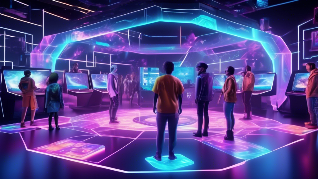 Create an image that envisions the future of blockchain gaming beyond 2023. The scene features a futuristic gaming hub filled with digital holograms representing various blockchain games. Gamers from around the world, diverse in culture and age, are interacting with these holograms, showcasing a global community. Each hologram displays elements like NFTs and play-to-earn models, symbolizing the integration of blockchain technology. The background should include a digital skyline, embodying the limitless possibilities and innovation in blockchain gaming