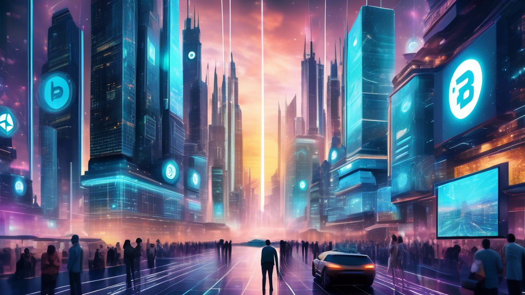 Create an image depicting a futuristic cityscape where digital elements, representing cryptocurrencies, are seamlessly integrated into everyday life. In the foreground, visualize a prominent building with the Binance logo, symbolizing its leadership in the innovation and development of new crypto products. Include holographic billboards and advanced technology interfaces hinting at emerging trends in the cryptocurrency market. The scene should convey a blend of modernity and digital advancement, showcasing Binance at the forefront of this evolving landscape.