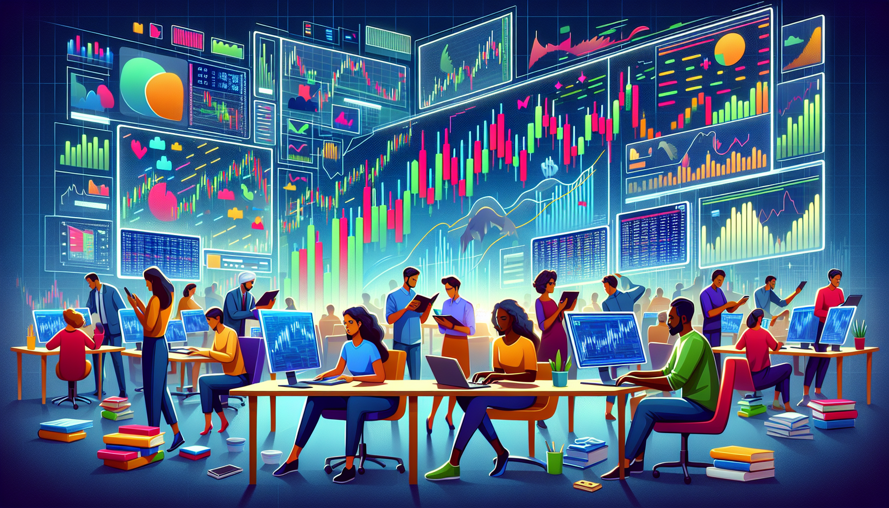 Create an image of a digital marketplace bustling with activity, symbolizing the dynamic environment of Coinbase trading. In the foreground, depict a diverse group of traders engaged in analyzing charts and graphs on screens. Include elements that represent different trading strategies, such as technical analysis charts, candlestick patterns, and simulated stock tickers, all converging on a central point to symbolize the goal of maximizing profits. In the background, add subtle motifs of research and risk management concepts, like books and scales, to emphasize their importance in successful trading on the Coinbase platform.