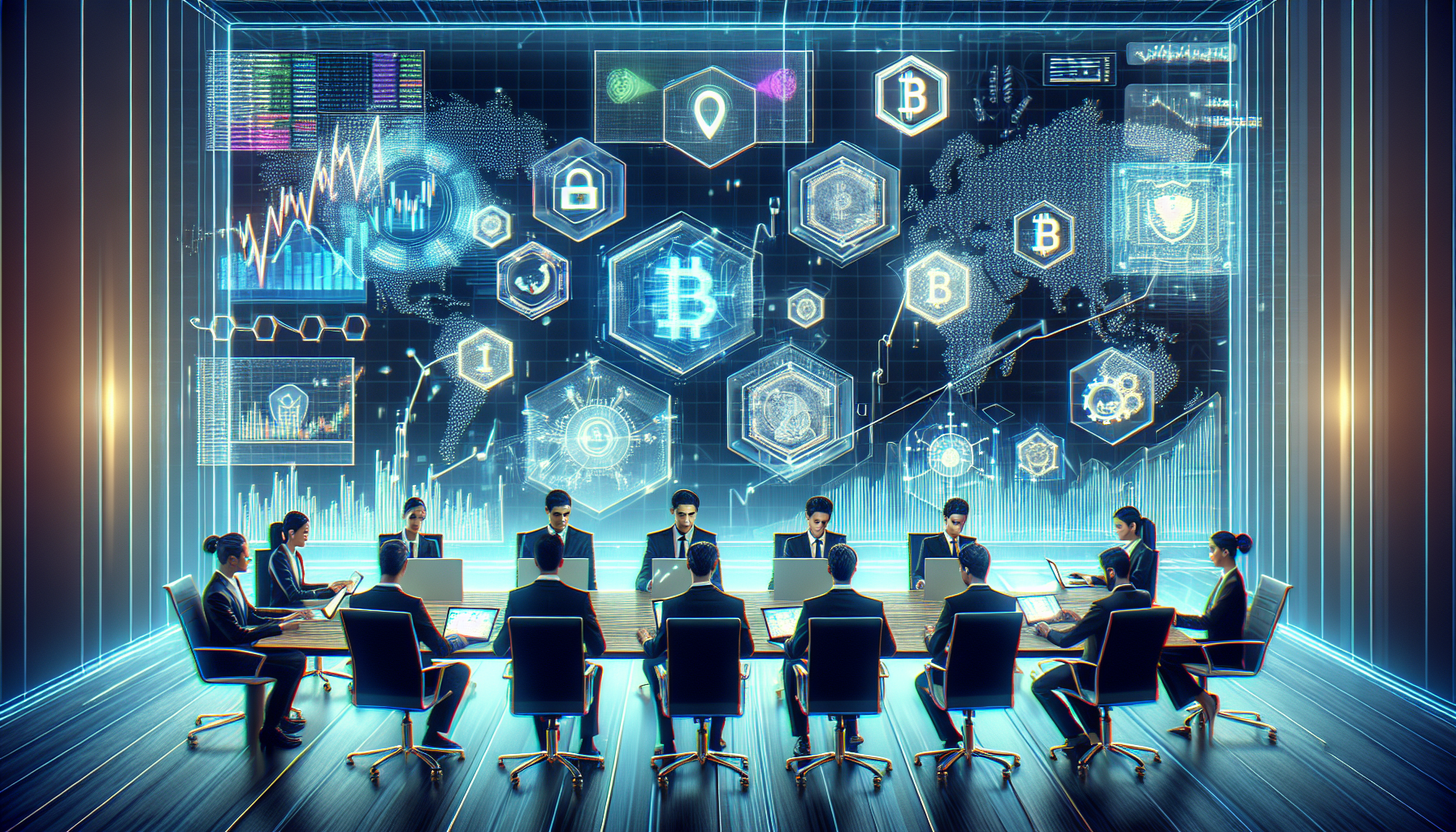 Create an image that captures the essence of cryptocurrency trading intricacies on the Coinbase platform. Visualize a futuristic digital boardroom where diverse traders, depicted as digital avatars, analyze dynamic graphs and charts representing market trends. In the background, a transparent overlay displays Coinbase