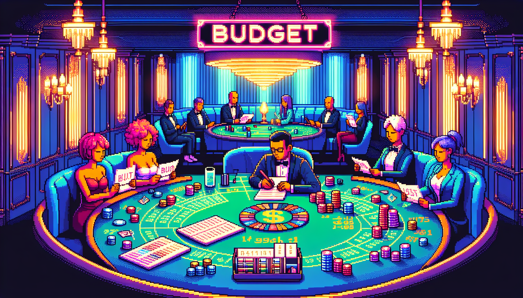 Create an image depicting a stylish casino setting with a diverse group of people gathered around a table, each person holding a slip of paper labeled “Budget.” The focus should be on a central figure wearing a thoughtful expression as they jot down numbers in a small ledger. The scene should convey a sense of responsible gambling and strategic planning, with visual elements like casino chips, cards, and dice subtly scattered across the table. Use warm lighting to create an inviting atmosphere that emphasizes the idea of controlled and smart betting at a casino.