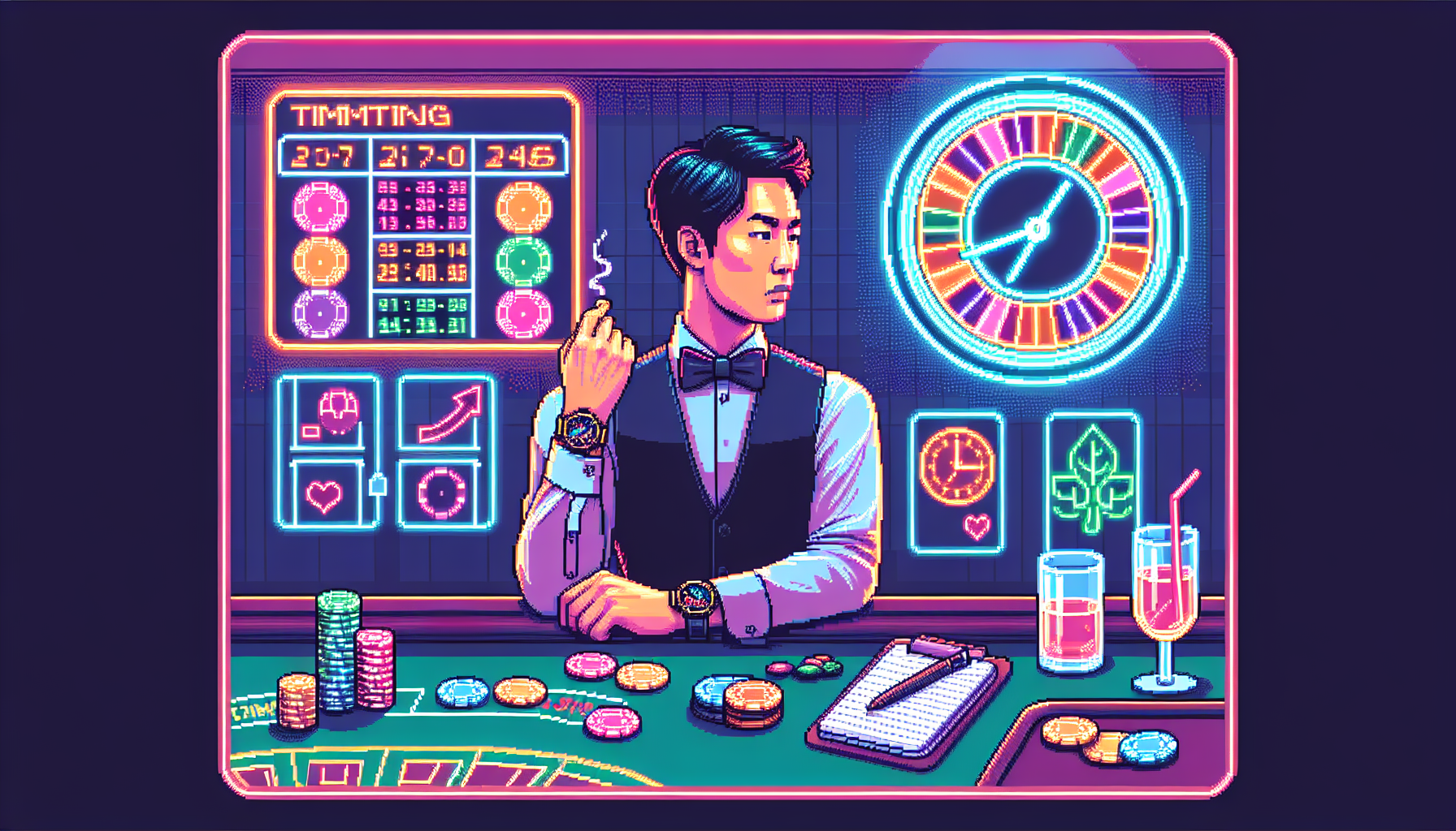 Create an image showcasing a confident gambler in an elegant casino setting, strategically observing the gaming tables. The gambler has a sophisticated watch, subtly indicating a focus on timing and decision-making. Nearby, an illuminated clock signifies the importance of time management in betting decisions. The atmosphere is vibrant yet calm, capturing the essence of strategic breaks with a half-filled drink and a notepad for jotting down observations and strategies. This scene embodies mastery in timing, knowing when to bet and when to walk away for smarter casino practices. Keywords: bet casino, strategy, timing, elegance.