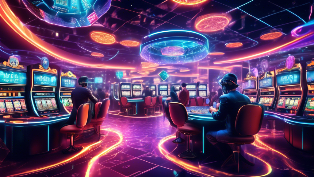 An imaginative futuristic depiction of online gambling, featuring a vibrant casino environment with digital slot machines, poker tables, and players engaging in games using crypto casino coins. Showcase advanced technology like holographic interfaces, virtual reality gaming, and graphical visualizations of blockchain technology. Highlight the concept of security and privacy in transactions with symbols of encryption and digital coins floating around. The background should suggest a high-tech, immersive atmosphere, embodying the evolution and integration of cryptocurrencies in the gambling ecosystem.