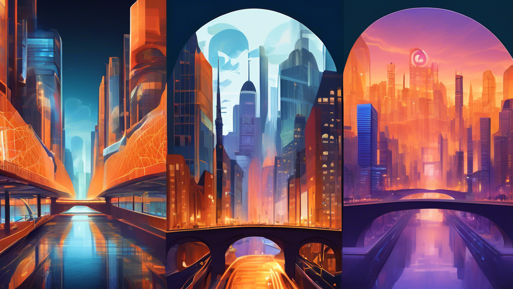 Create an image comparing three top private web browsers: Brave, Tor Browser, and DuckDuckGo Privacy Browser. The scene should depict three distinct cityscapes, each symbolizing one of the browsers. In the first cityscape (Brave), show a bustling, modern metropolis with secure, golden pathways and digital gateways representing speed and security. The second cityscape (Tor Browser) can depict a mysterious and intricate labyrinth of blue-tinted, encrypted tunnels, emphasizing privacy and anonymity. The third cityscape (DuckDuckGo Privacy Browser) features serene, green, nature-infused streets with transparent shields, symbolizing transparency and user protection. Above each cityscape, integrate subtle icons or elements that represent their core privacy features. The overall tone should be informative and futuristic, promoting the theme of secure browsing choices.