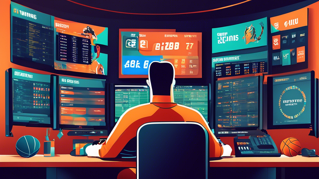 Create an illustration of a sports bettor sitting at a modern betting station, surrounded by multiple screens displaying various sports events (like football, basketball, and horse racing). The bettor is focused on analyzing statistics and odds to make informed decisions for maximizing winnings with a 