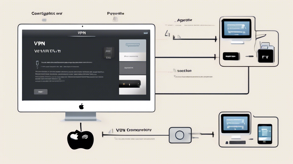 Create an informative and visually engaging illustration depicting the steps to configure a VPN for Apple TV. The image should feature a visual breakdown of the following elements: 

1. A person selecting a VPN service on a computer or smartphone, representing the selection and subscription process.
2. An image of a compatible router with a highlighted VPN setup interface, showing the configuration step.
3. A mobile device displaying a hotspot feature, with an Apple TV connected, illustrating the alternative method of using a mobile hotspot for VPN access. 

Include digital icons representing security and streaming, such as a lock for security and a play button for streaming, to emphasize the benefits of using a VPN for Apple TV. The overall tone should be tech-savvy and user-friendly.