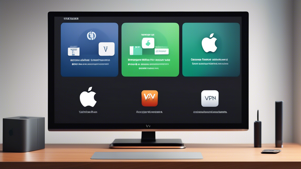 Create an infographic-style image illustrating common problems and solutions when using a VPN with Apple TV. The image should include visual representations of connection issues, geographic blocks, and content restrictions, as well as tips for optimizing VPN settings. Use a sleek, modern design with icons for Apple TV, VPN symbols, and a checklist format. The color scheme should be bright and engaging, making it easy to understand at a glance. Include the keyword 