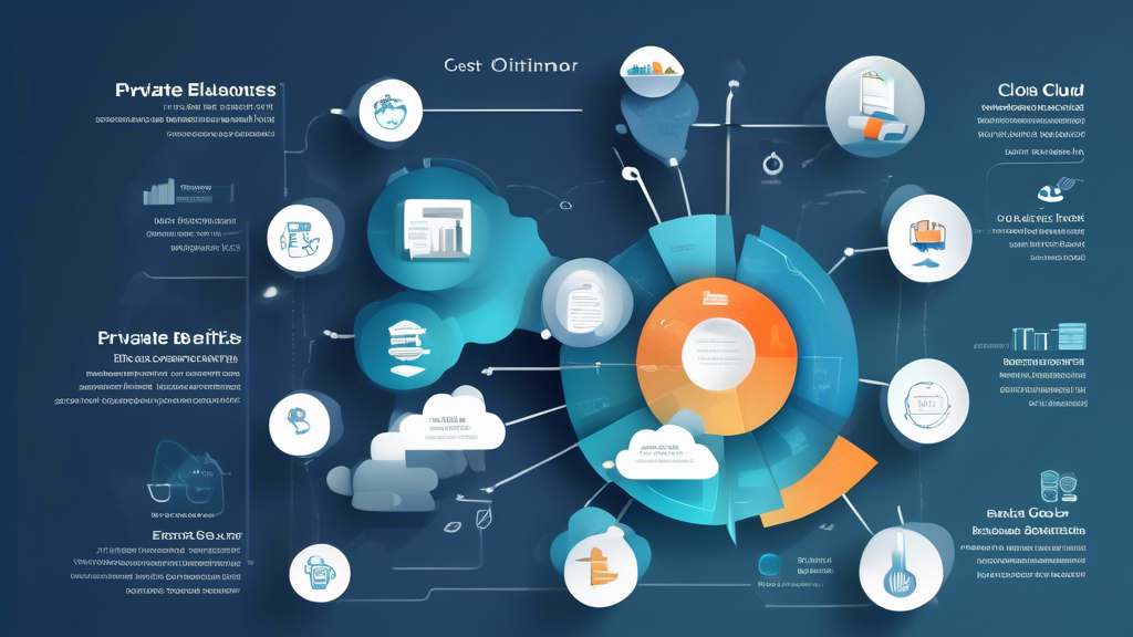 Create an infographic illustrating the cost optimization and economic benefits of private cloud solutions for businesses. Include visual elements such as pie charts or graphs showing long-term cost savings from internal resources, reduced IT operational costs through efficient processes, and a ROI analysis specific to private cloud implementations. The design should emphasize key points with icons representing cost efficiency, resource management, and financial growth, all within a modern, tech-inspired aesthetic.