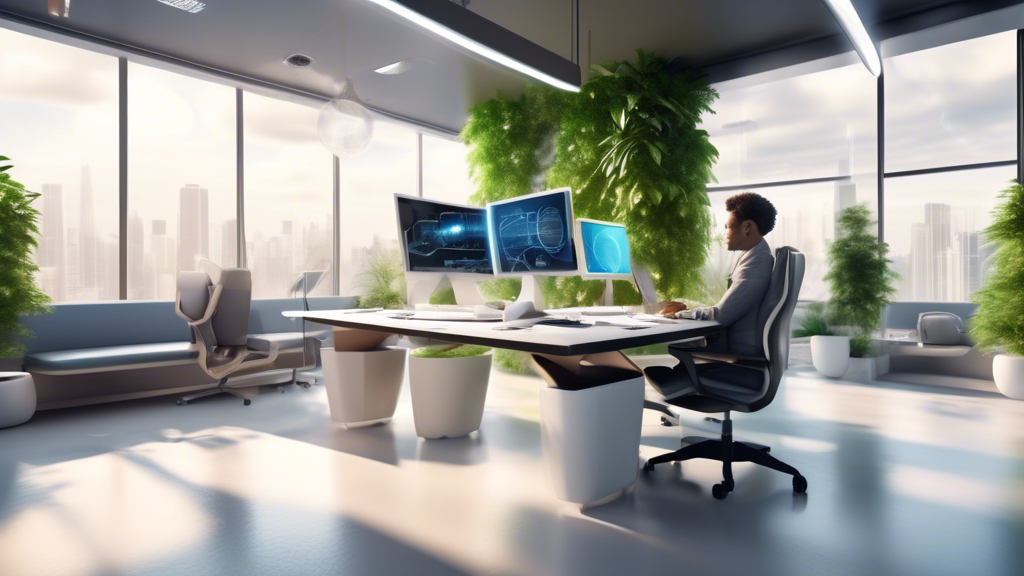 Create an image that depicts a futuristic electric office setting that highlights productivity and sustainability. The scene should be set in a modern, open-floor plan office space. Include elements such as ergonomic furniture, solar-powered devices, and large windows to allow natural light. There should be visible features of eco-friendly technology, such as plants for air purification and energy-efficient lighting. Show people working in a harmonious environment, with wireless technology seamlessly integrated into their tasks. Include data displays or holographic charts to emphasize the enhanced productivity of this sustainable workspace.