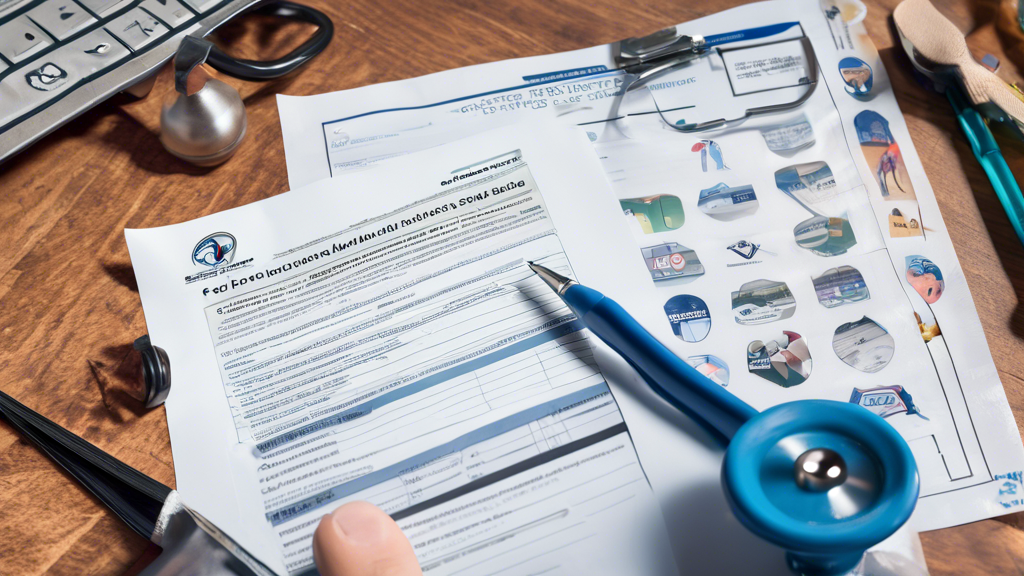 Prompt: Create an image depicting a commercial truck driver sitting at a desk, looking through a list of frequently asked questions (FAQs) about the Department of Transportation Medical Examination. The driver shows a thoughtful expression, pen in hand, as they highlight key parts of the document. Surrounding the desk are various health-related items, such as a stethoscope, a vision chart, and a small model of a human heart, symbolizing the medical aspects of the exam. In the background, a calendar marked with exam dates and reminders, along with certificates from qualified physicians, are pinned on a corkboard. The scene conveys a sense of preparation and awareness about the examination process.