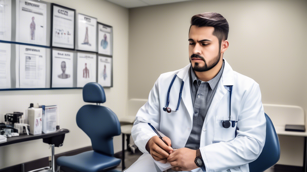 Create an image depicting a commercial driver calmly sitting in a clinic, participating in a CDL DOT immigration physical exam. The room should feature medical equipment and charts, with a focus on the driver undergoing vision and hearing assessment. The medical professional, wearing a lab coat, should be administering the tests with care and professionalism. Include elements such as an eye chart on the wall and hearing test equipment, capturing the efficient and systematic nature of the process. The atmosphere should be informative and reassuring, highlighting the key components of the exam: vision, hearing, and overall health checks.