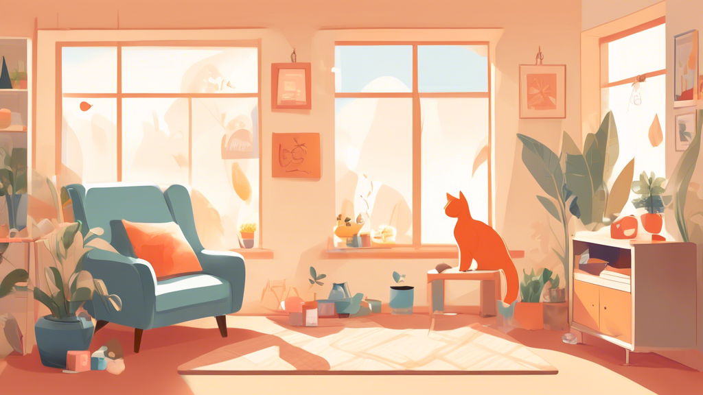 An illustration of a serene and cozy home environment designed for a cat, featuring calming elements like soft furniture, a cat tree by the window, and multiple cozy corners for lounging. Include a cat peacefully resting in the sunlight with toys scattered around, and a clear 