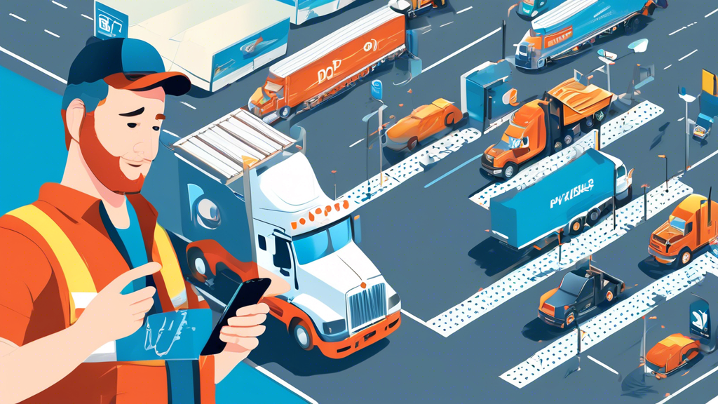 Create a digital illustration depicting a friendly truck driver using a smartphone while standing next to his semi-truck at a busy truck stop. On the phone screen, display a map highlighting nearby locations for DOT physicals. In the background, feature various signs of truck stops with DOT physicals, including some iconic roadside symbols and a clear blue sky. Incorporate elements like other trucks parked, fueling stations, and a diner to emphasize the convenience and accessibility of finding these truck stops along major highways.