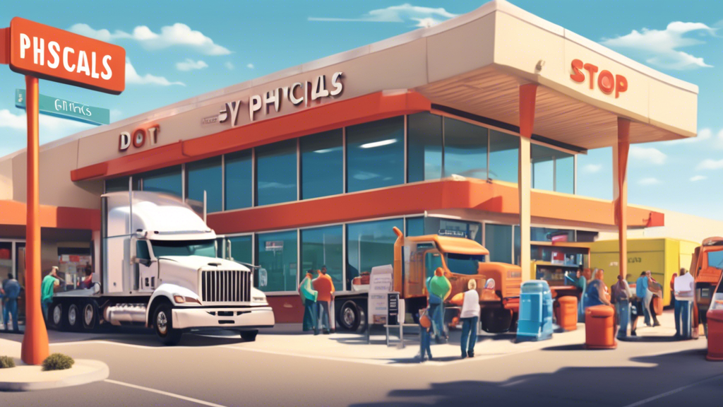 Create an image of a bustling truck stop with various semi-trucks parked around a central building that is prominently labeled DOT Physicals Available Here. The scene is set during a bright, sunny day, capturing truck drivers engaging in daily routines. Some are seen checking schedules on their mobile devices, while others review paperwork at picnic tables before heading into the clinic. An informational signboard next to the building provides a checklist for DOT physical preparations, with icons like a stethoscope, ID card, medical documents, and appointment schedule. The atmosphere conveys efficiency and helpfulness, portraying the truck stop as a welcoming haven for drivers seeking essential services on their journey.