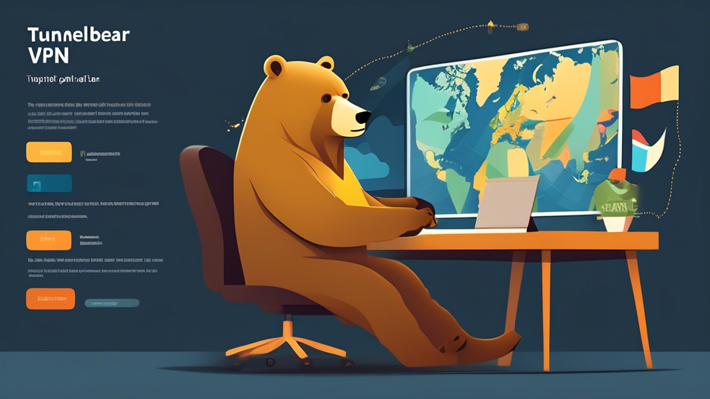 Create an illustration depicting the advantages of using TunnelBear VPN. Show a user sitting comfortably at a desk, utilizing a laptop with a glowing TunnelBear VPN application open. Surround the user with visual representations of data encryption, such as locks and shield icons, and various geo-restricted content icons (like a globe with different flags) to signify safe access to diverse websites. Include user review snippets in speech bubbles, showcasing positive customer feedback. The atmosphere should feel secure and inviting, embodying the essence of online privacy and freedom.