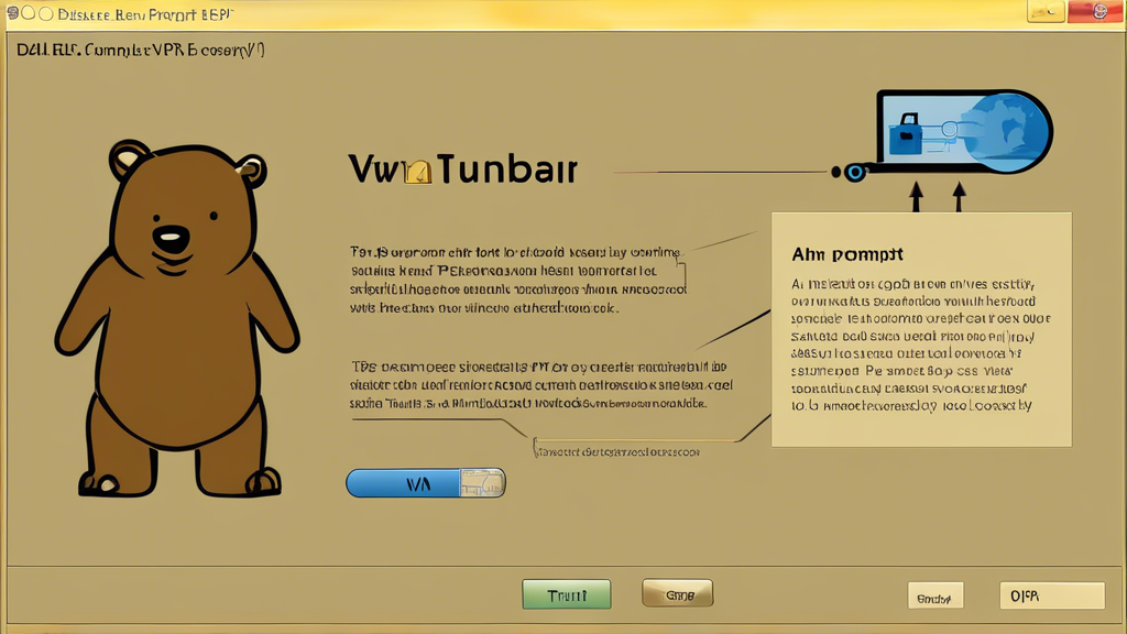 **DALL-E Prompt:**

An informative visual guide showcasing a step-by-step installation and usage tutorial for TunnelBear VPN. The image should feature a computer screen displaying the TunnelBear VPN interface, with illustrated tips and best practices for effective usage. Include elements that symbolize online security, such as a locked padlock and a bear mascot, in a friendly and approachable style. Use a clean and modern design that conveys ease of use for all skill levels, with a calming color palette to evoke a sense of safety and anonymity while browsing the internet.