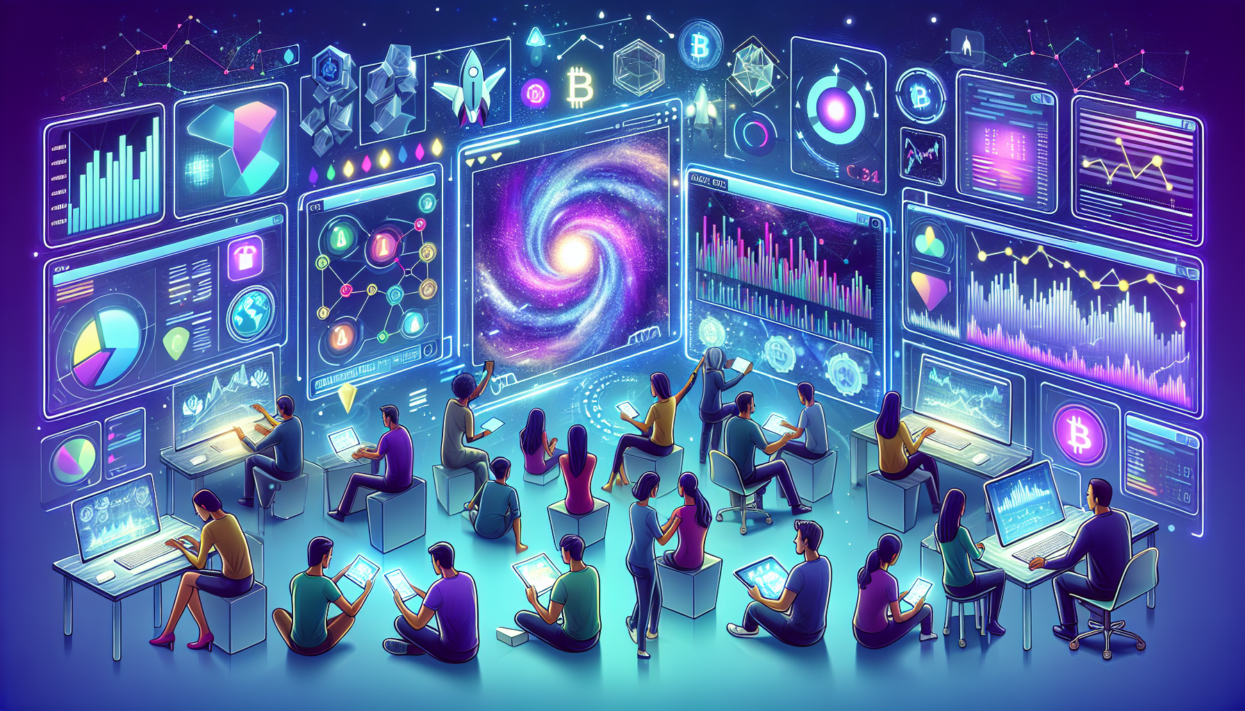 Create an image depicting the dynamic and multifaceted functionalities of a modern crypto exchange platform. The scene features a futuristic interface displaying advanced trading tools and graphs, with charts illustrating real-time market analysis. Users are interacting with the platform on multiple devices—tablets, smartphones, and computers—customizing their trading strategies through an intuitive dashboard. The background is an abstract representation of a digital galaxy, symbolizing the vast possibilities within the volatile cryptocurrency market. The atmosphere conveys empowerment and potential, focusing on the theme of maximizing trading potential.