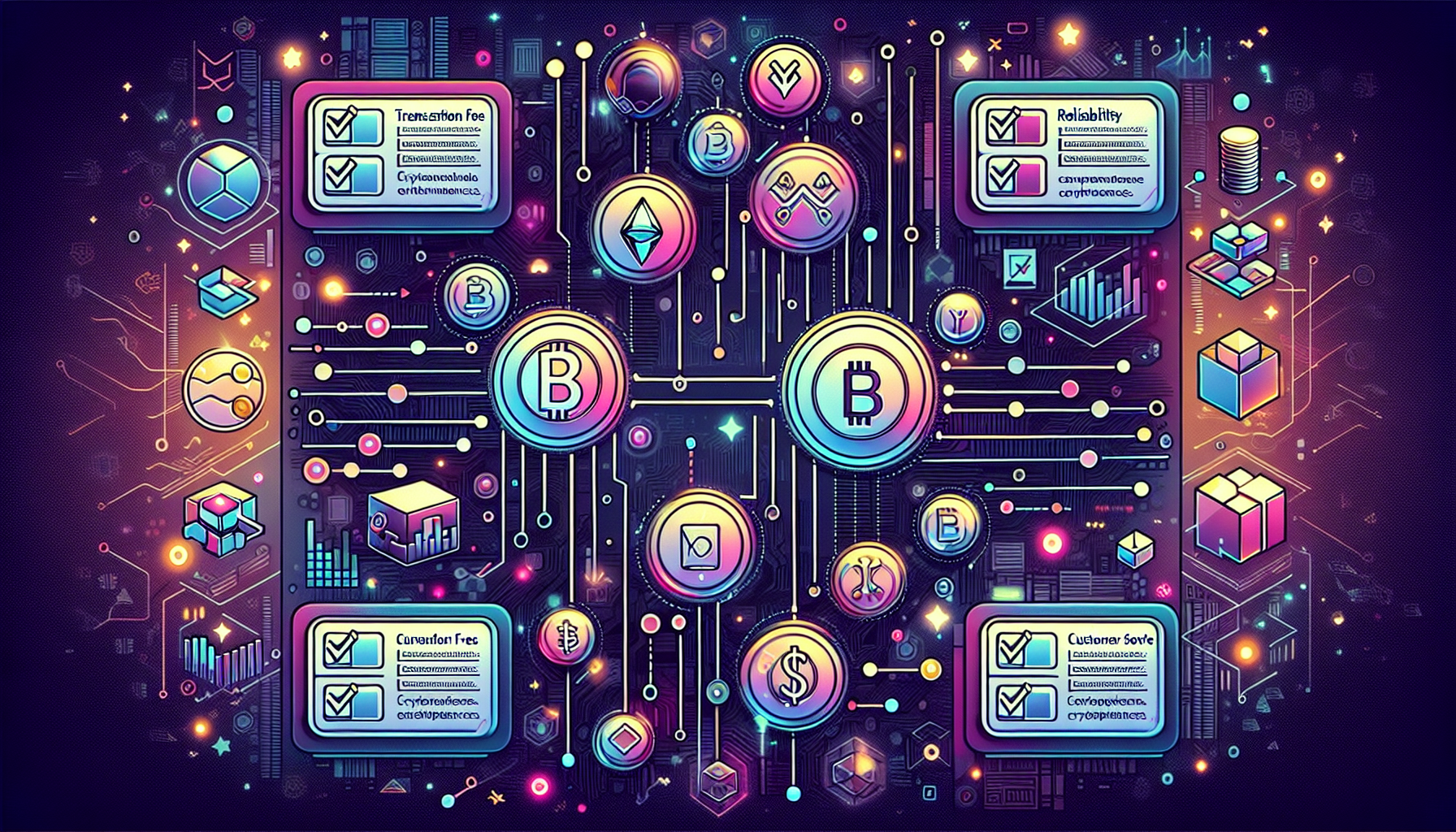 Create an image that illustrates the process of selecting the ideal crypto exchange platform, with a focus on important decision-making factors. Depict a digital interface with various crypto platforms displayed as icons on a screen, each accompanied by floating checklist items representing criteria like transaction fees, platform reputation, customer support quality, and range of supported cryptocurrencies. The background should convey a sense of technology and innovation, using vibrant colors and modern design elements to emphasize the dynamic nature of the cryptocurrency market.