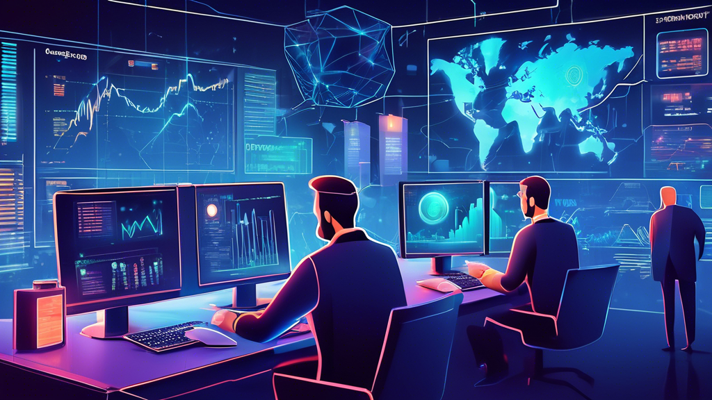 Create an illustration that depicts a futuristic digital trading environment for cryptocurrency. The scene should feature a diverse group of traders engaged in analyzing charts and data on multiple screens, surrounded by symbols of cryptocurrencies like Bitcoin and Ethereum. Incorporate elements that represent security and risk management, such as digital locks and candlestick charts. Additionally, include visual cues for staying updated, like news tickers and market trend graphics, all set in a modern, vibrant trading room atmosphere. The overall mood should convey a sense of excitement and opportunity in the world of crypto trading.