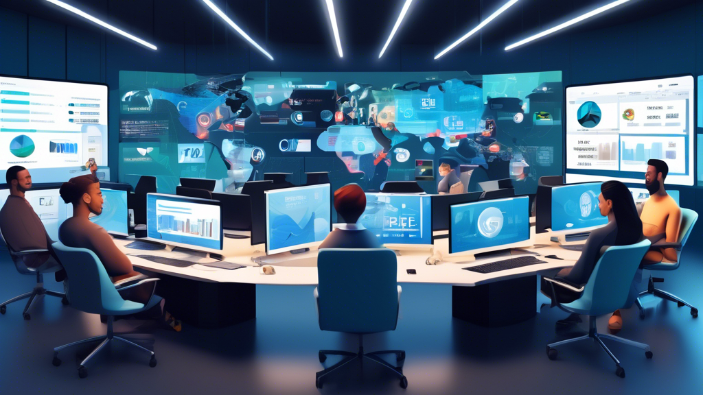 Create an image depicting a digital landscape showcasing the Top Newsgroup Providers of 2023. The scene should include a modern workspace featuring multiple computer screens displaying various Newsgroup provider logos and comparison charts. Include elements like price tags, speed indicators, and user ratings to emphasize a comparison of features. Add a diverse group of people engaged in discussions, analyzing data on tablets and laptops, to illustrate customer engagement and recommendations. The overall design should have a clean, tech-savvy aesthetic with a futuristic feel.
