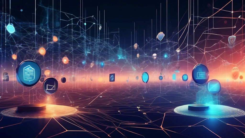 Create an image that visually represents the concept of Top Features of Web Proxy Browsers That Enhance Access. The scene should depict a futuristic digital landscape with interconnected networks, symbolizing the web. Include visual elements that represent key features such as encryption (depicted as digital locks or shields), anonymity (represented by faceless figures or masks), and speed (visualized as digital fast lanes or lightning). Show various web proxy browsers as distinct portal-like icons, each emanating unique energy waves to indicate their different functionalities. The overall image should convey a sense of enhanced access and security in web browsing.