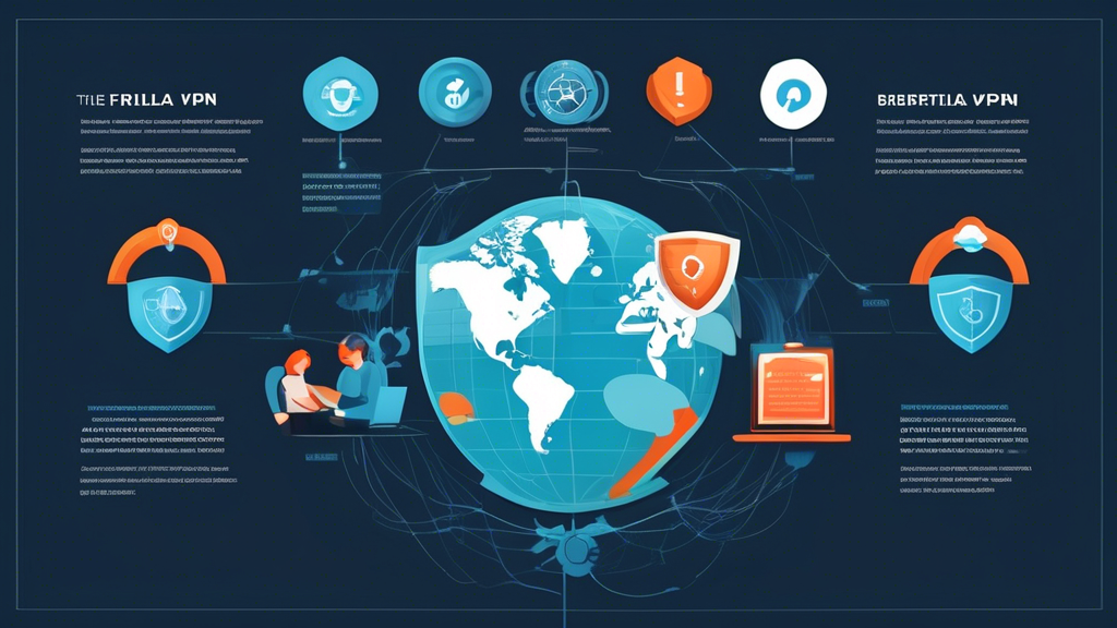 **DALL-E Prompt:** Create an informative and visually engaging infographic illustrating the benefits of using Mozilla VPN for online privacy and security. The design should include elements representing data protection, such as a lock or shield symbol, and visuals that depict encryption, access to geo-restricted content (like a globe or world map), and the safety of using public Wi-Fi (featuring a café scene with people using laptops). Use a modern, tech-inspired color palette that reflects the Mozilla brand, with the words Beneficios de usar Mozilla VPN para tu privacidad y seguridad en línea prominently displayed in a sleek font.