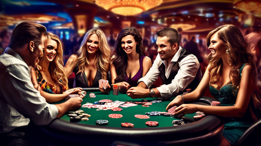 Create an image that captures the exhilarating atmosphere of a poker casino. Depict a lively poker table filled with a diverse group of players interacting, showcasing intense expressions and camaraderie. Include elements like colorful poker chips, cards in play, and a charismatic dealer facilitating the game. The background should illustrate the vibrant ambiance of a casino, with bright lights, other gaming tables, and spectators watching in excitement. Focus on conveying the social aspect and immersive excitement of playing poker in a real casino setting.