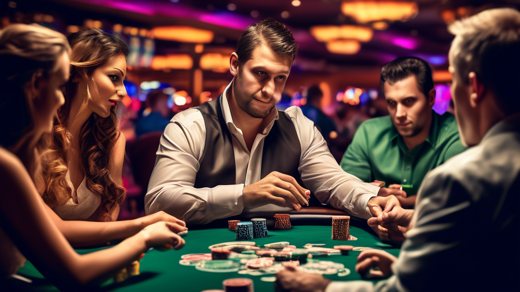Create an image of a poker game scene inside a bustling casino. The focus should be on a competitive poker table with players of diverse backgrounds fully engaged in the game. Include elements like poker chips, cards in players